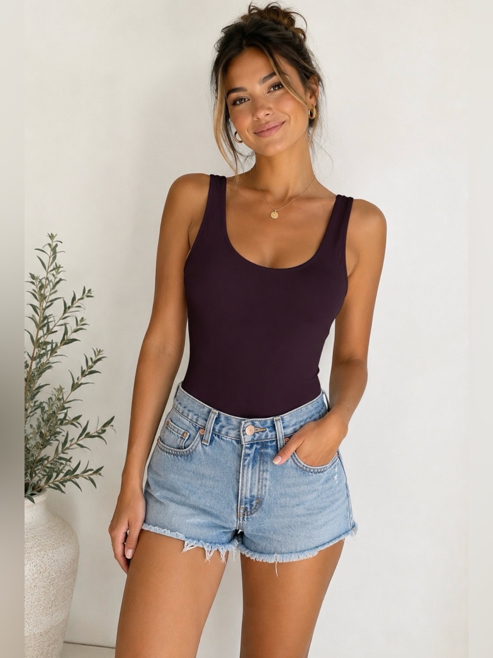 627 Express Body Contour Dark Plum Scoop Neck Double Snap Bodysuit Small